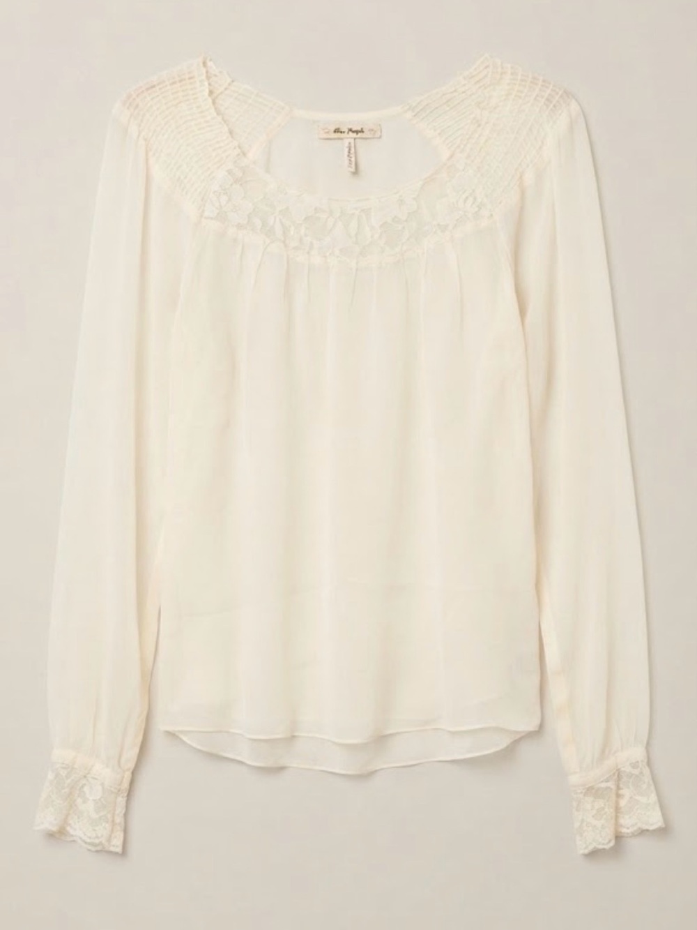 Free People Cream Silk Lace Yoke Long Sleeve Blouse Size 6
